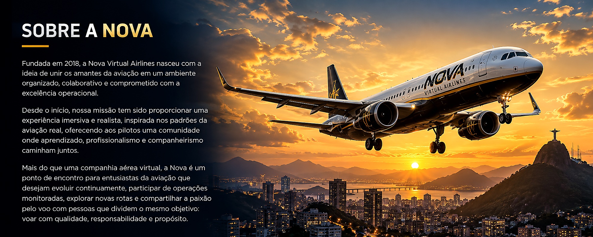 Banner Sobre a Nova Virtual Airlines, com aeronave da companhia sobre uma cidade ao pôr do sol